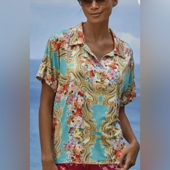 Johnny Was Tops - JOHNNY WAS Rivoray Floral Short Sleeve Polo Tee Women's Size Large BOHO
